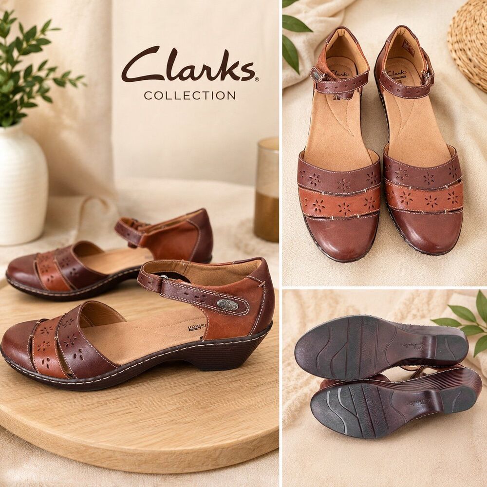 Clarks Collection Wendy Leehi Brown Leather Laser Cut Wedge Sandals Women's